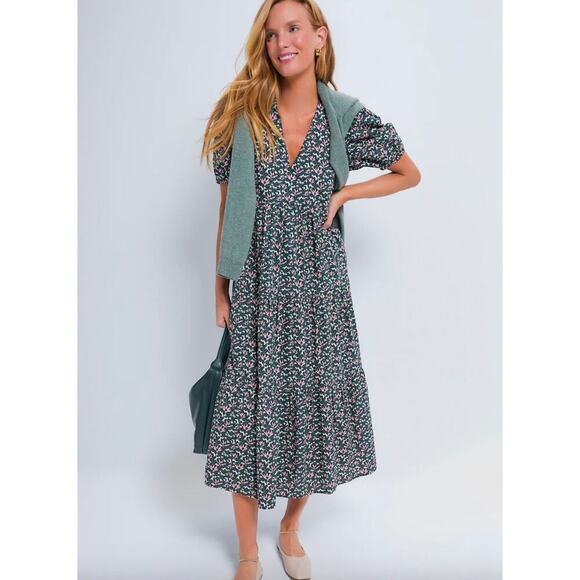 Tuckernuck Hyacinth House Green & Pink Floral Tiered Sadie Midi Dress Sz S - Picture 2 of 8